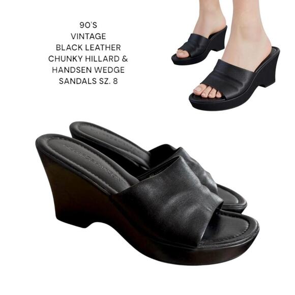 90'S VTG. BLACK LEATHER CHUNKY HILLARD & HANSEN WEDGE SANDALS SIZE 8. - Picture 1 of 8